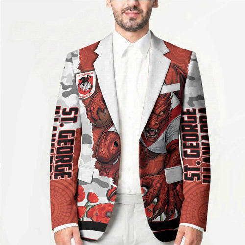 Personalized Dragons ANZAC Tribute Blazer Poppy Field Soldier Silhouette Aboriginal Rugby Mascot