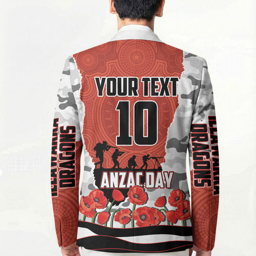 Personalized Dragons ANZAC Tribute Blazer Poppy Field Soldier Silhouette Aboriginal Rugby Mascot
