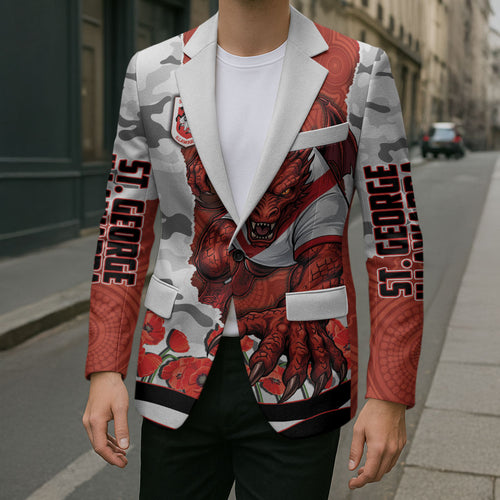 Personalized Dragons ANZAC Tribute Blazer Poppy Field Soldier Silhouette Aboriginal Rugby Mascot