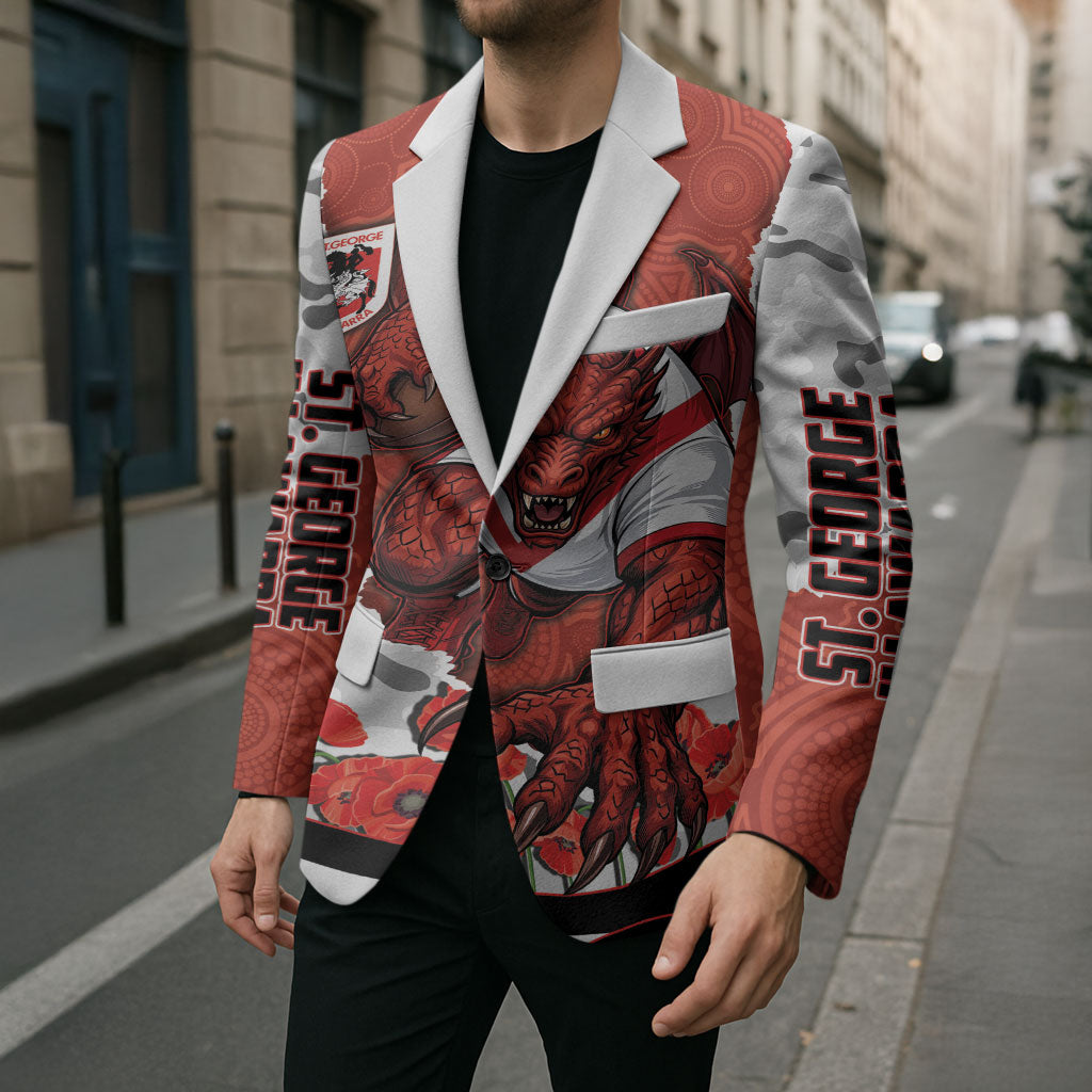 Personalized Dragons ANZAC Tribute Blazer Poppy Field Soldier Silhouette Aboriginal Rugby Mascot