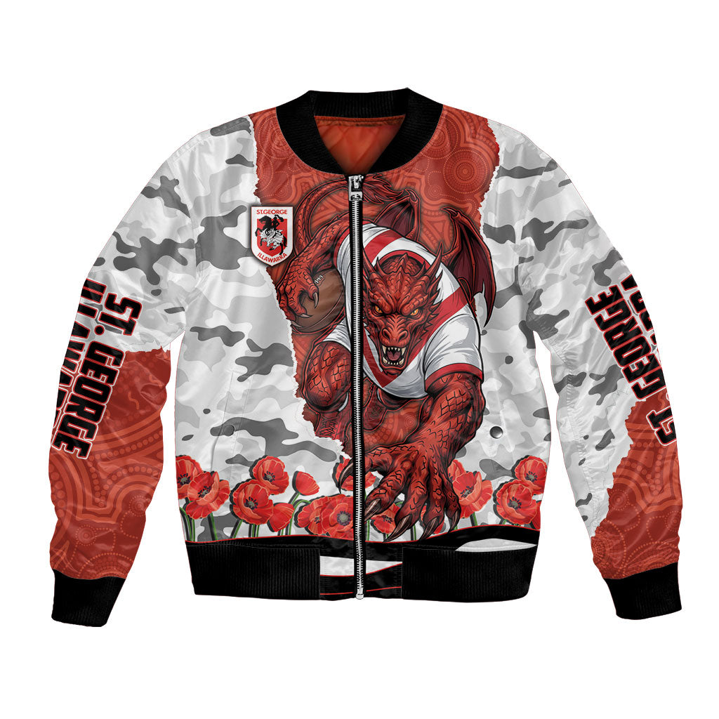 Personalized Dragons ANZAC Tribute Bomber Jacket Poppy Field Soldier Silhouette Aboriginal Rugby Mascot