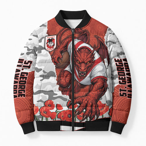 Personalized Dragons ANZAC Tribute Bomber Puffer Jacket Poppy Field Soldier Silhouette Aboriginal Rugby Mascot