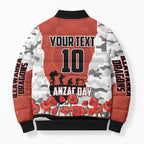 Personalized Dragons ANZAC Tribute Bomber Puffer Jacket Poppy Field Soldier Silhouette Aboriginal Rugby Mascot