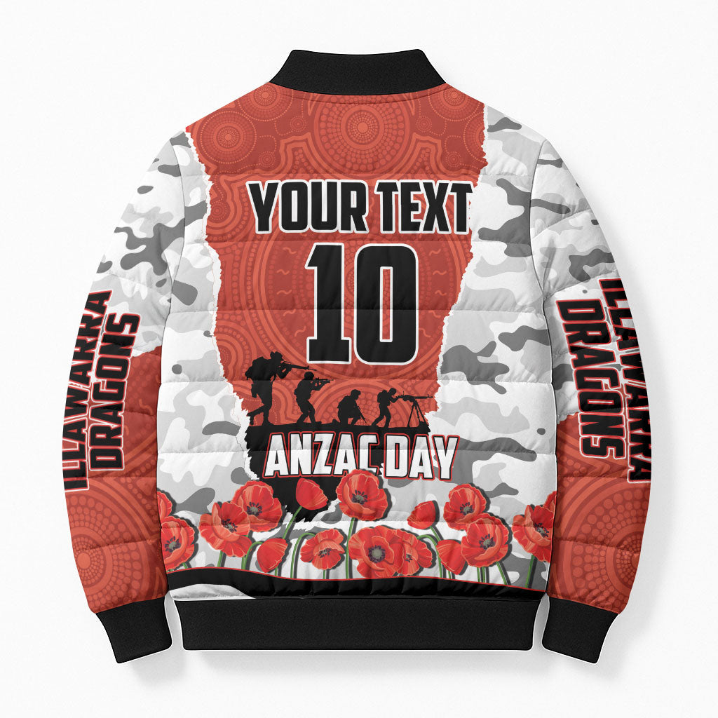 Personalized Dragons ANZAC Tribute Bomber Puffer Jacket Poppy Field Soldier Silhouette Aboriginal Rugby Mascot