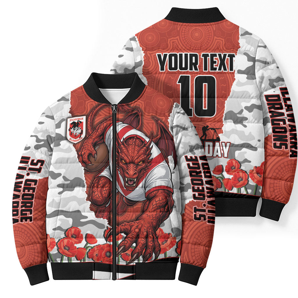 Personalized Dragons ANZAC Tribute Bomber Puffer Jacket Poppy Field Soldier Silhouette Aboriginal Rugby Mascot