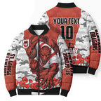Personalized Dragons ANZAC Tribute Bomber Puffer Jacket Poppy Field Soldier Silhouette Aboriginal Rugby Mascot