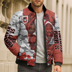 Personalized Dragons ANZAC Tribute Bomber Puffer Jacket Poppy Field Soldier Silhouette Aboriginal Rugby Mascot