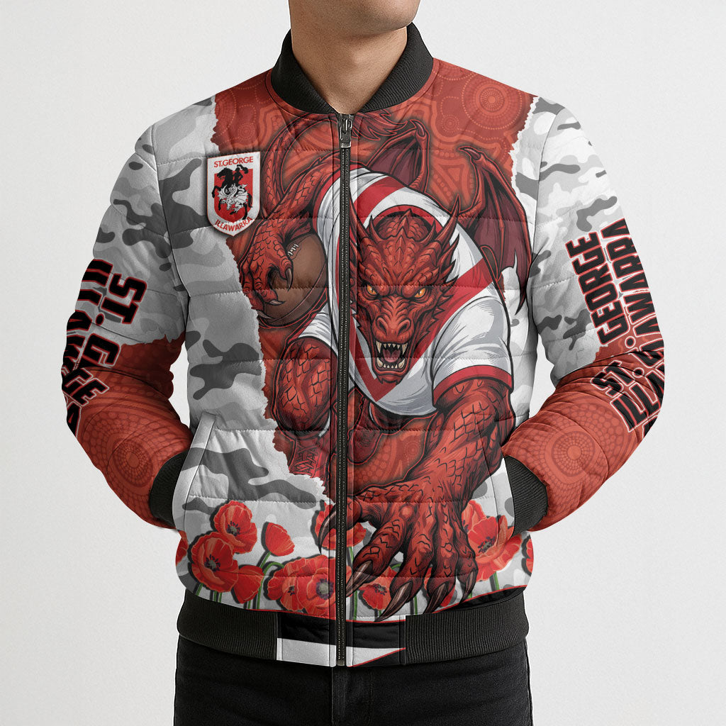 Personalized Dragons ANZAC Tribute Bomber Puffer Jacket Poppy Field Soldier Silhouette Aboriginal Rugby Mascot