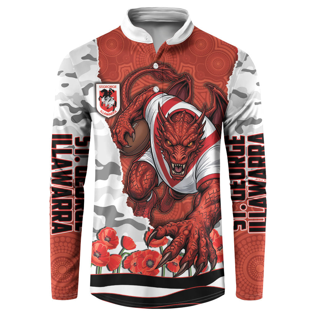 Personalized Dragons ANZAC Tribute Button Sweatshirt Poppy Field Soldier Silhouette Aboriginal Rugby Mascot