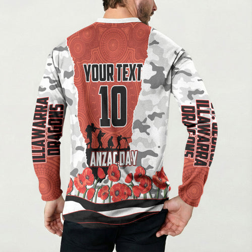 Personalized Dragons ANZAC Tribute Button Sweatshirt Poppy Field Soldier Silhouette Aboriginal Rugby Mascot