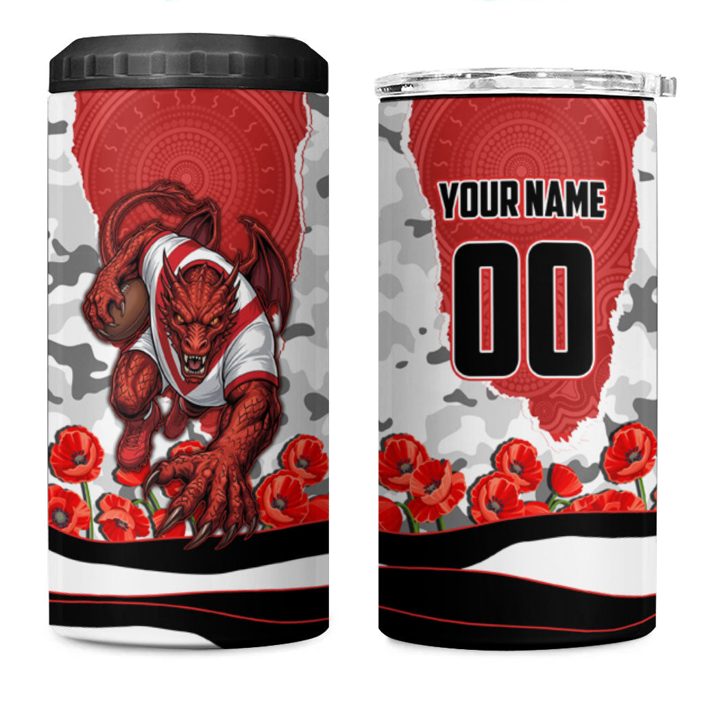 Personalized Dragons ANZAC Tribute 4 in 1 Can Cooler Tumbler Poppy Field Soldier Silhouette Aboriginal Rugby Mascot
