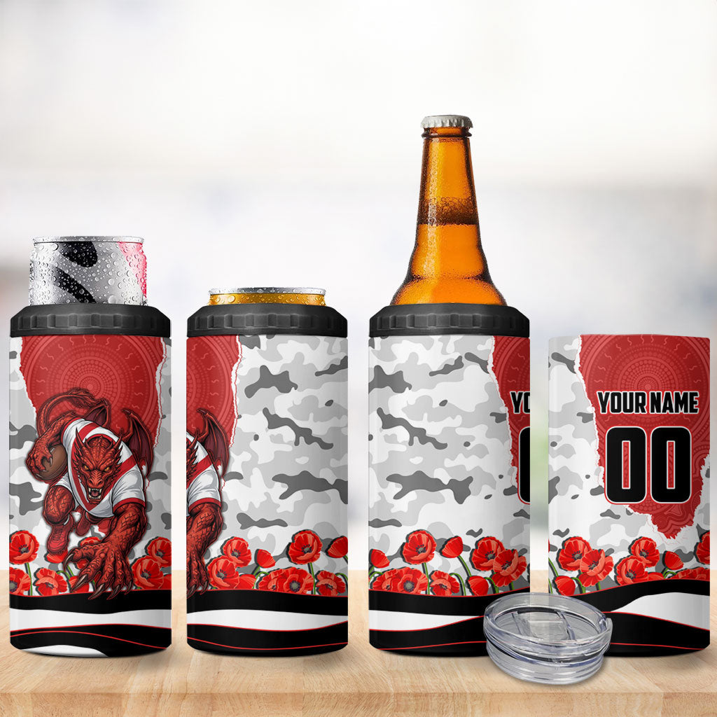 Personalized Dragons ANZAC Tribute 4 in 1 Can Cooler Tumbler Poppy Field Soldier Silhouette Aboriginal Rugby Mascot