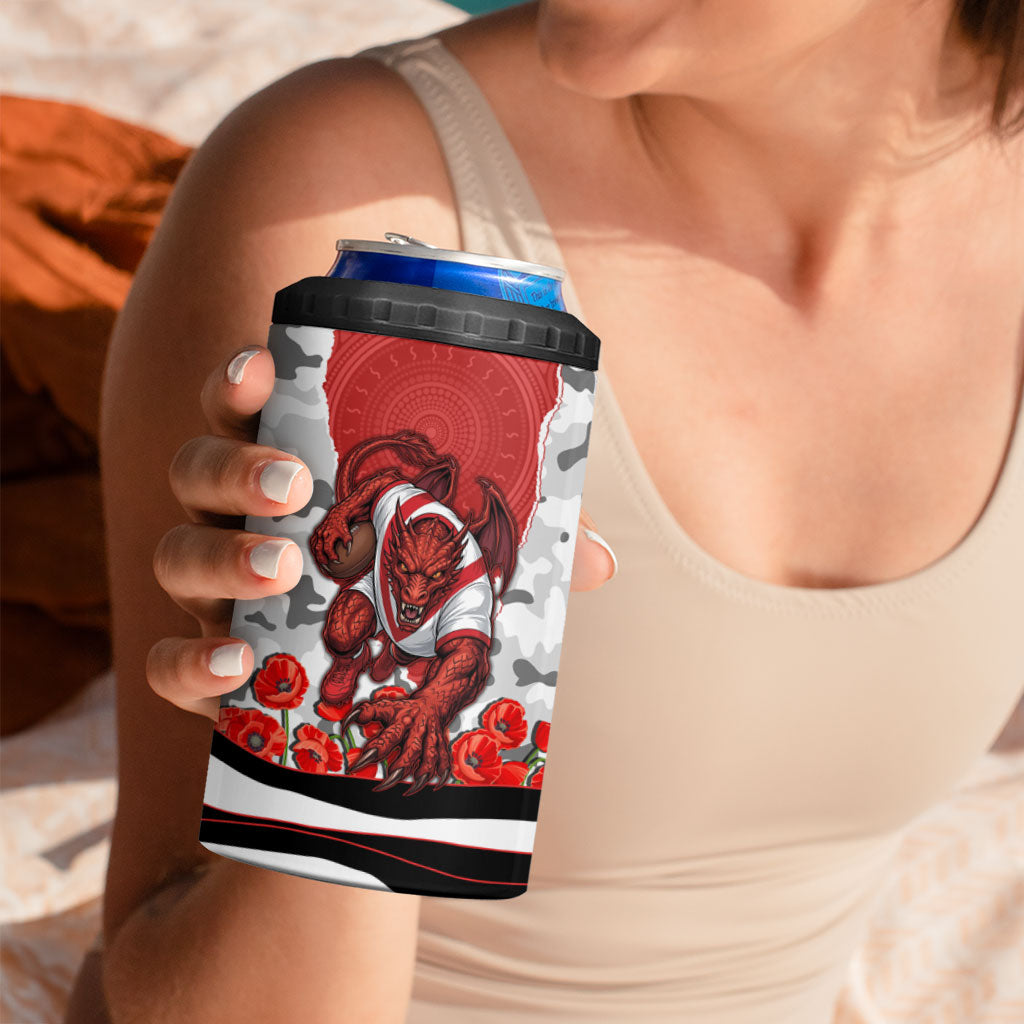 Personalized Dragons ANZAC Tribute 4 in 1 Can Cooler Tumbler Poppy Field Soldier Silhouette Aboriginal Rugby Mascot
