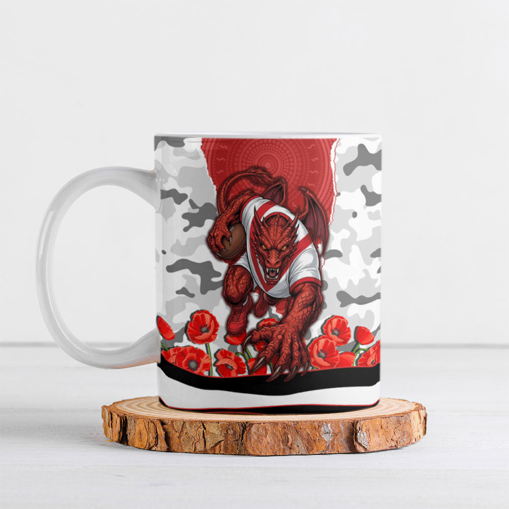 Personalized Dragons ANZAC Tribute Ceramic Mug Poppy Field Soldier Silhouette Aboriginal Rugby Mascot