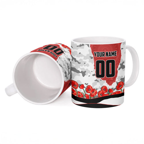 Personalized Dragons ANZAC Tribute Ceramic Mug Poppy Field Soldier Silhouette Aboriginal Rugby Mascot