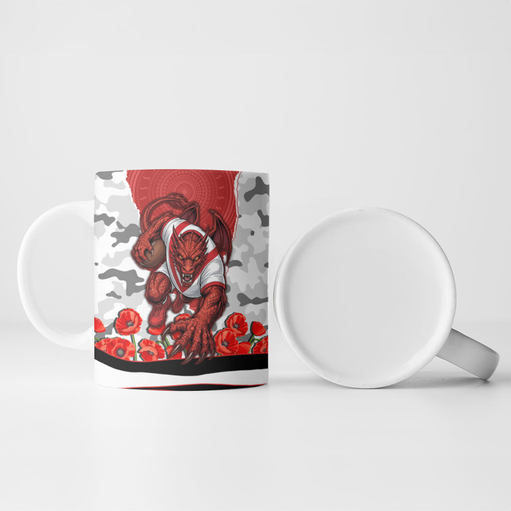 Personalized Dragons ANZAC Tribute Ceramic Mug Poppy Field Soldier Silhouette Aboriginal Rugby Mascot