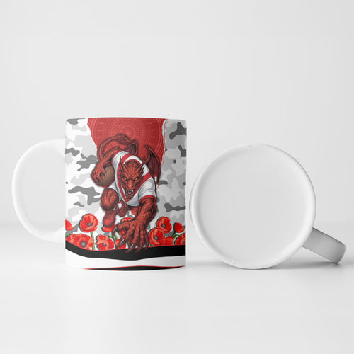 Personalized Dragons ANZAC Tribute Ceramic Mug Poppy Field Soldier Silhouette Aboriginal Rugby Mascot