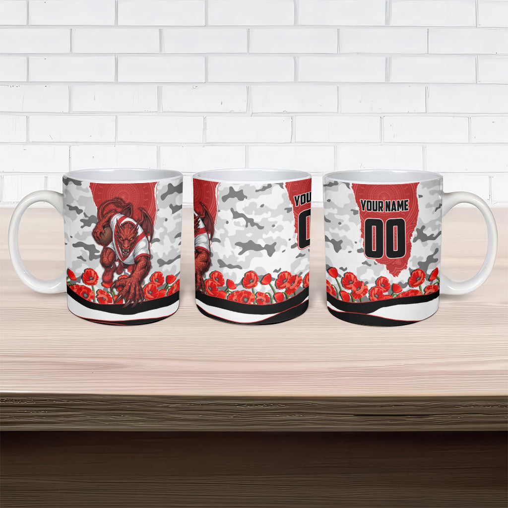 Personalized Dragons ANZAC Tribute Ceramic Mug Poppy Field Soldier Silhouette Aboriginal Rugby Mascot