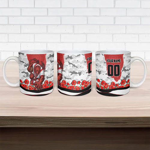 Personalized Dragons ANZAC Tribute Ceramic Mug Poppy Field Soldier Silhouette Aboriginal Rugby Mascot