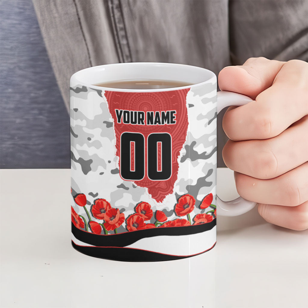 Personalized Dragons ANZAC Tribute Ceramic Mug Poppy Field Soldier Silhouette Aboriginal Rugby Mascot