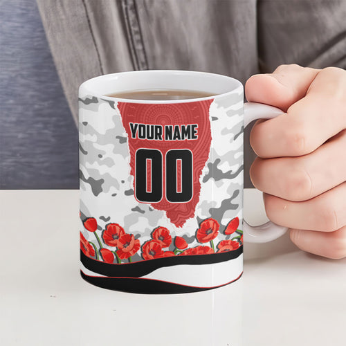 Personalized Dragons ANZAC Tribute Ceramic Mug Poppy Field Soldier Silhouette Aboriginal Rugby Mascot