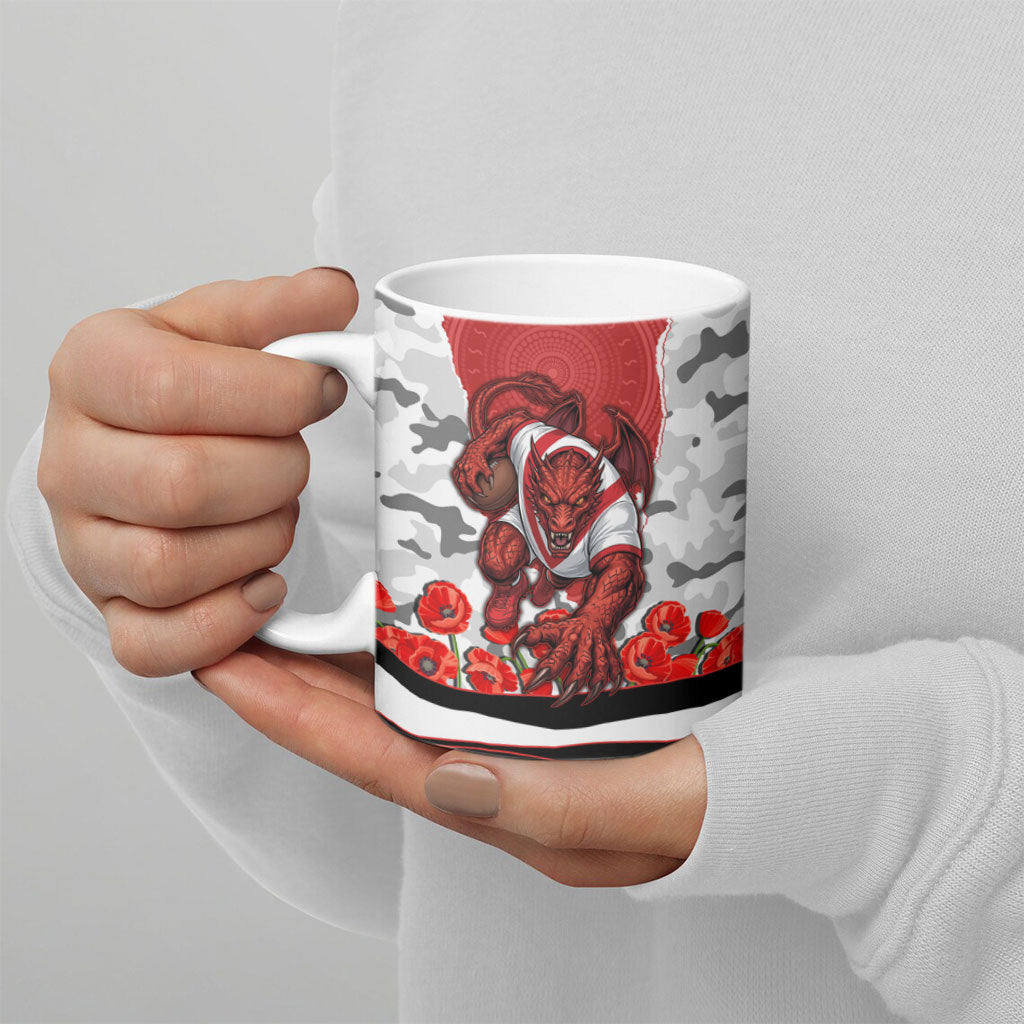 Personalized Dragons ANZAC Tribute Ceramic Mug Poppy Field Soldier Silhouette Aboriginal Rugby Mascot