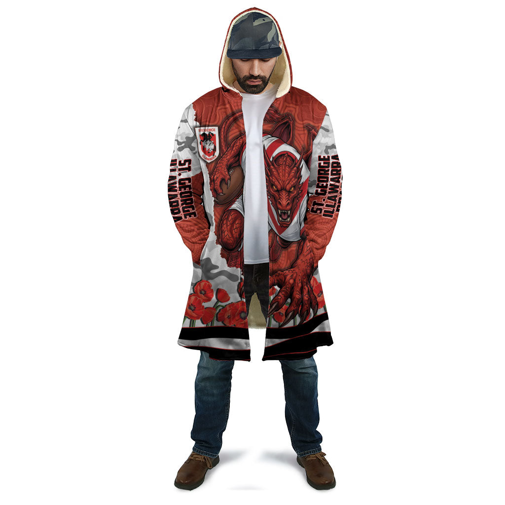 Personalized Dragons ANZAC Tribute Cloak Poppy Field Soldier Silhouette Aboriginal Rugby Mascot