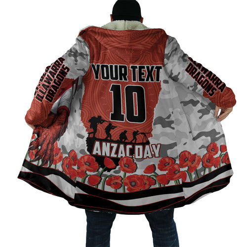 Personalized Dragons ANZAC Tribute Cloak Poppy Field Soldier Silhouette Aboriginal Rugby Mascot