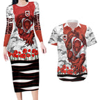 Personalized Dragons ANZAC Tribute Couples Matching Long Sleeve Bodycon Dress and Hawaiian Shirt Poppy Field Soldier Silhouette Aboriginal Rugby Mascot