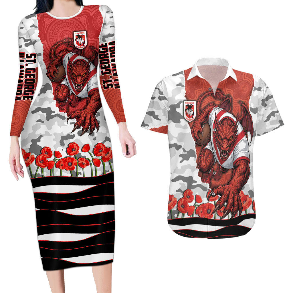Personalized Dragons ANZAC Tribute Couples Matching Long Sleeve Bodycon Dress and Hawaiian Shirt Poppy Field Soldier Silhouette Aboriginal Rugby Mascot