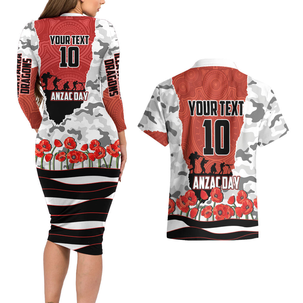 Personalized Dragons ANZAC Tribute Couples Matching Long Sleeve Bodycon Dress and Hawaiian Shirt Poppy Field Soldier Silhouette Aboriginal Rugby Mascot