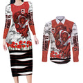 Personalized Dragons ANZAC Tribute Couples Matching Long Sleeve Bodycon Dress and Long Sleeve Button Shirt Poppy Field Soldier Silhouette Aboriginal Rugby Mascot