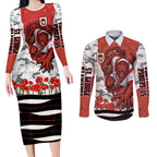 Personalized Dragons ANZAC Tribute Couples Matching Long Sleeve Bodycon Dress and Long Sleeve Button Shirt Poppy Field Soldier Silhouette Aboriginal Rugby Mascot