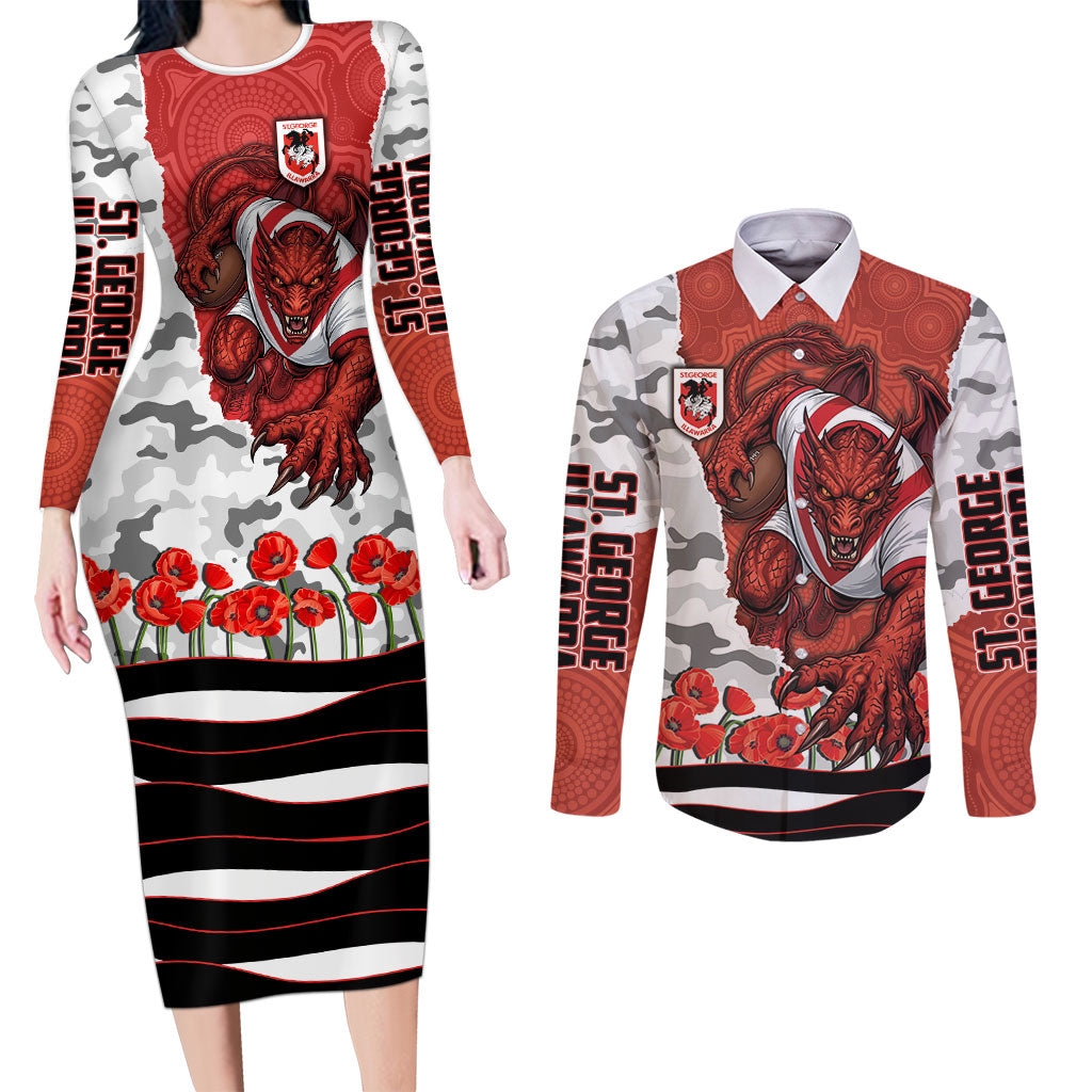 Personalized Dragons ANZAC Tribute Couples Matching Long Sleeve Bodycon Dress and Long Sleeve Button Shirt Poppy Field Soldier Silhouette Aboriginal Rugby Mascot