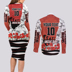 Personalized Dragons ANZAC Tribute Couples Matching Long Sleeve Bodycon Dress and Long Sleeve Button Shirt Poppy Field Soldier Silhouette Aboriginal Rugby Mascot