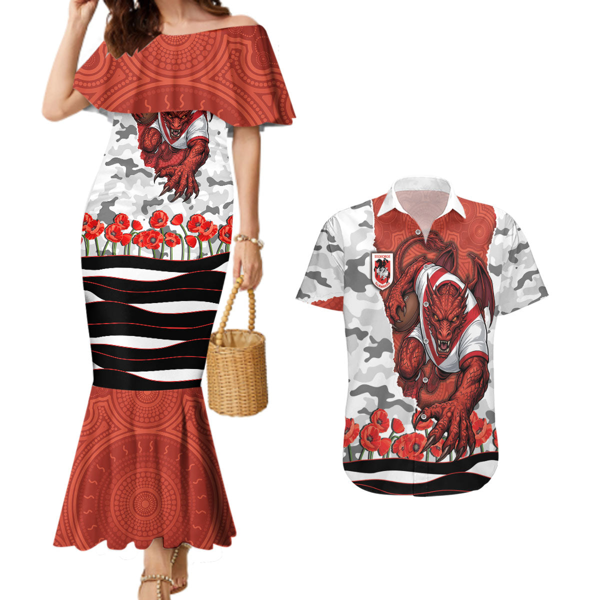 Personalized Dragons ANZAC Tribute Couples Matching Mermaid Dress and Hawaiian Shirt Poppy Field Soldier Silhouette Aboriginal Rugby Mascot