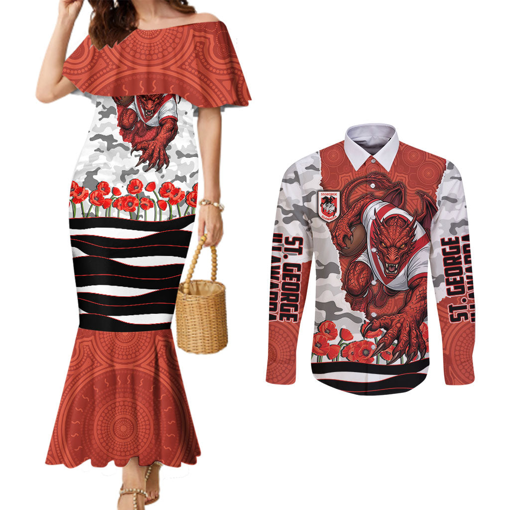 Personalized Dragons ANZAC Tribute Couples Matching Mermaid Dress and Long Sleeve Button Shirt Poppy Field Soldier Silhouette Aboriginal Rugby Mascot