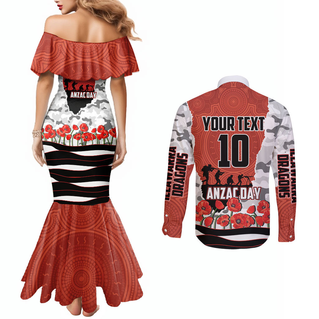 Personalized Dragons ANZAC Tribute Couples Matching Mermaid Dress and Long Sleeve Button Shirt Poppy Field Soldier Silhouette Aboriginal Rugby Mascot