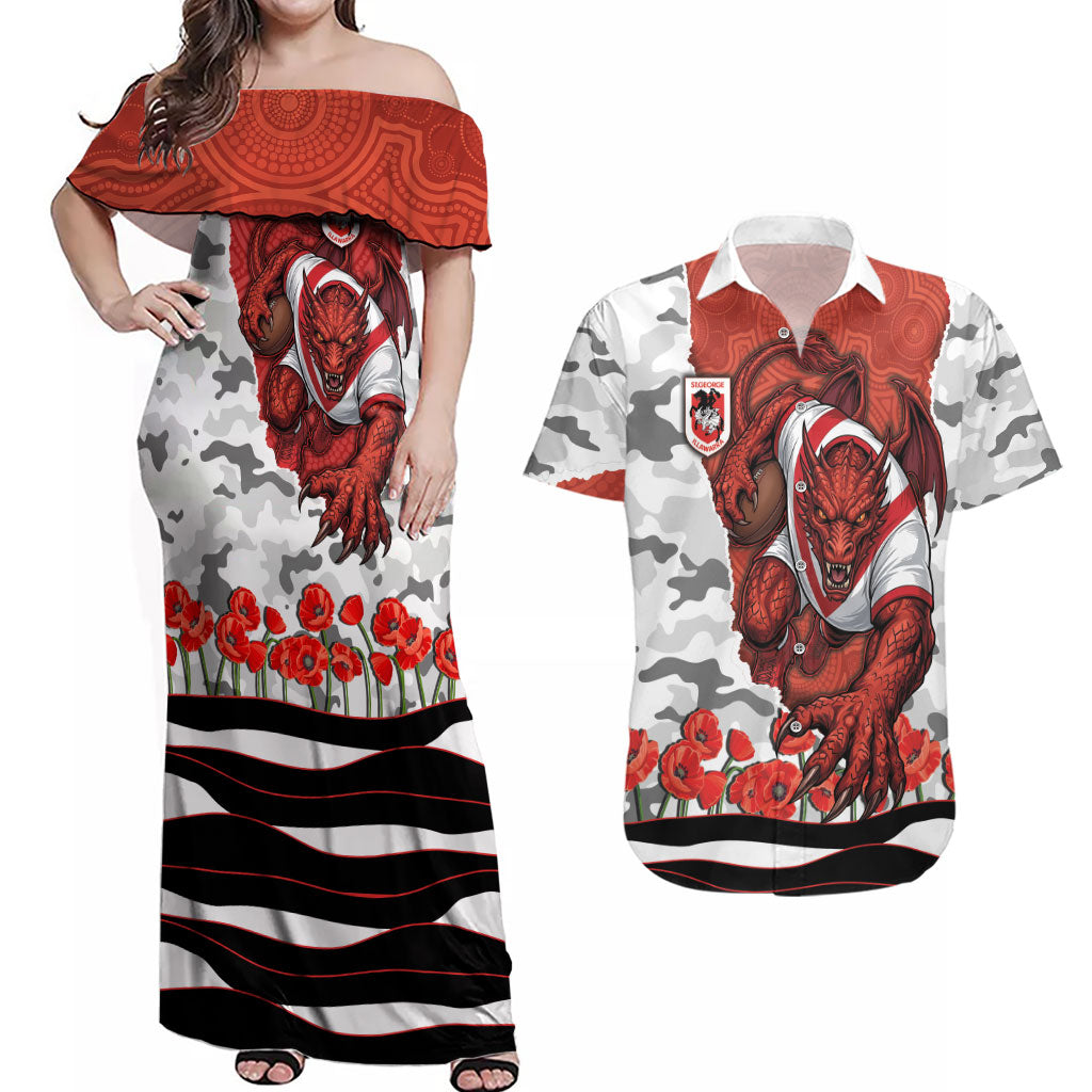 Personalized Dragons ANZAC Tribute Couples Matching Off Shoulder Maxi Dress and Hawaiian Shirt Poppy Field Soldier Silhouette Aboriginal Rugby Mascot