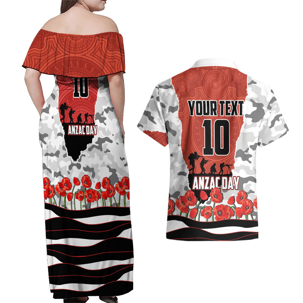 Personalized Dragons ANZAC Tribute Couples Matching Off Shoulder Maxi Dress and Hawaiian Shirt Poppy Field Soldier Silhouette Aboriginal Rugby Mascot