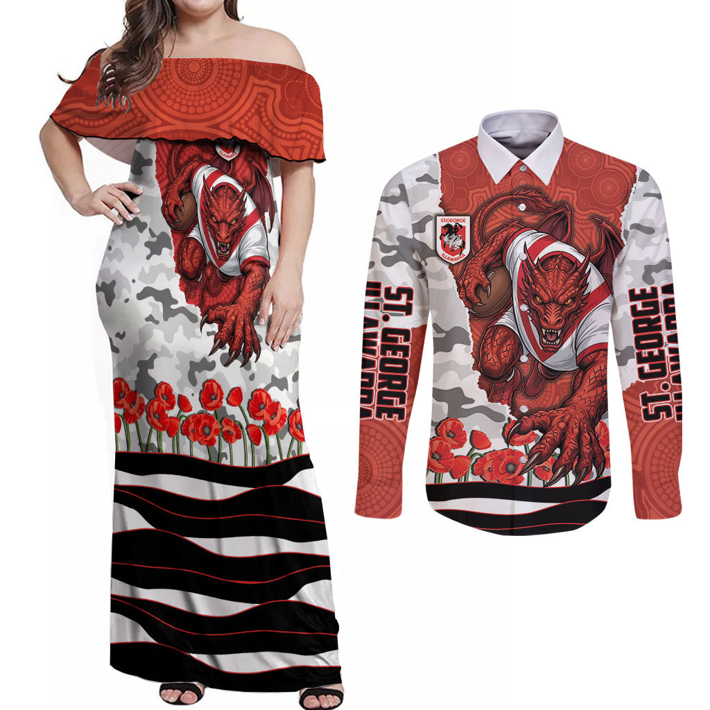 Personalized Dragons ANZAC Tribute Couples Matching Off Shoulder Maxi Dress and Long Sleeve Button Shirt Poppy Field Soldier Silhouette Aboriginal Rugby Mascot