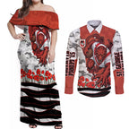 Personalized Dragons ANZAC Tribute Couples Matching Off Shoulder Maxi Dress and Long Sleeve Button Shirt Poppy Field Soldier Silhouette Aboriginal Rugby Mascot