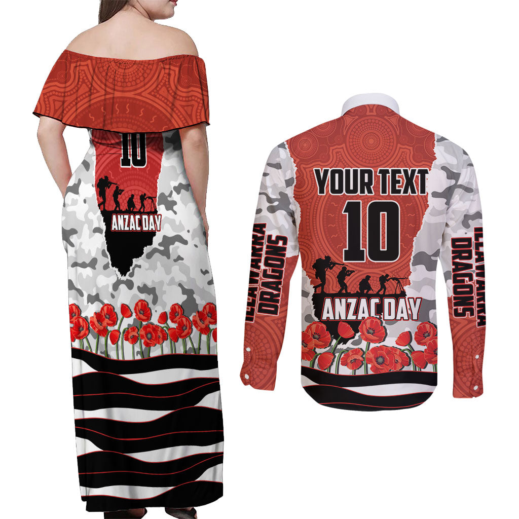 Personalized Dragons ANZAC Tribute Couples Matching Off Shoulder Maxi Dress and Long Sleeve Button Shirt Poppy Field Soldier Silhouette Aboriginal Rugby Mascot