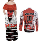 Personalized Dragons ANZAC Tribute Couples Matching Off Shoulder Maxi Dress and Long Sleeve Button Shirt Poppy Field Soldier Silhouette Aboriginal Rugby Mascot