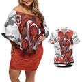 Personalized Dragons ANZAC Tribute Couples Matching Off Shoulder Short Dress and Hawaiian Shirt Poppy Field Soldier Silhouette Aboriginal Rugby Mascot