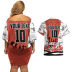Personalized Dragons ANZAC Tribute Couples Matching Off Shoulder Short Dress and Hawaiian Shirt Poppy Field Soldier Silhouette Aboriginal Rugby Mascot