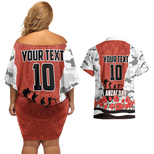 Personalized Dragons ANZAC Tribute Couples Matching Off Shoulder Short Dress and Hawaiian Shirt Poppy Field Soldier Silhouette Aboriginal Rugby Mascot