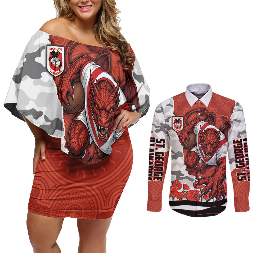 Personalized Dragons ANZAC Tribute Couples Matching Off Shoulder Short Dress and Long Sleeve Button Shirt Poppy Field Soldier Silhouette Aboriginal Rugby Mascot