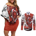 Personalized Dragons ANZAC Tribute Couples Matching Off Shoulder Short Dress and Long Sleeve Button Shirt Poppy Field Soldier Silhouette Aboriginal Rugby Mascot