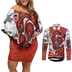 Personalized Dragons ANZAC Tribute Couples Matching Off Shoulder Short Dress and Long Sleeve Button Shirt Poppy Field Soldier Silhouette Aboriginal Rugby Mascot